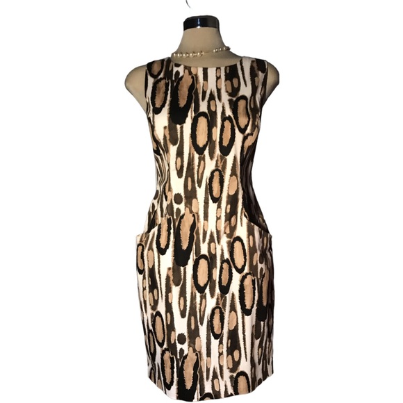 *New* TAHARI Leopard Black Beige and White Sleeveless Sheath Side Pockets Size 8 - Picture 13 of 16
